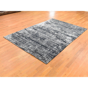 5'10"x9' Black and Silver, Modern, Wool and Plant Based Silk, Hand Loomed, Oriental Rug FWR480198