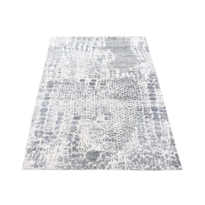 4'x6' Ivory, Modern Design, Hand Knotted Tone on Tone Plant Based Silk with Textured Wool, Oriental Rug FWR480462