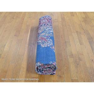 10'x12'10" Blue, Vintage Persian Kerman Cropped Thin, Distressed Look Worn Wool Hand Knotted, Oriental Rug FWR480834