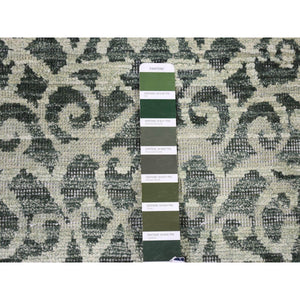 2'9"x8' Green, Modern Damask Arabesque Design, Hand Knotted Textured Wool and Pure Silk, Runner Oriental Rug FWR480906