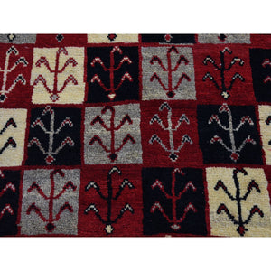 3'7"x5'7" Deep Red, New Persian Gabbeh with Garden Checkers Design, Hand Knotted Pure Wool Oriental Rug FWR481680