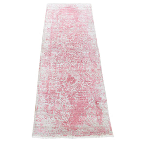 2'6"x7'9" Pink, Tone on Tone, Broken Persian Design, Hand Knotted, Wool and Real Silk, Runner, Oriental Rug FWR483054