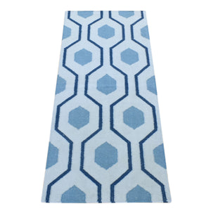 2'7"x6' Beau Blue, Kilim Geometric Design Flat Weave, Pure Wool Hand Woven, Reversible Runner Oriental Rug FWR483216