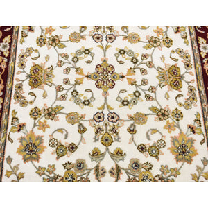 4'x6'2" Ivory, Rajasthan with All Over Leaf Scroll Flower Design, Wool and Silk, Hand Knotted Oriental Rug FWR484320