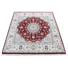 Load image into Gallery viewer, 5&#39;1&quot;x5&#39;1&quot; Cherry Red, Pure Wool, 250 KPSI Nain with Center Medallion Flower Design, Hand Knotted, Oriental Square Rug FWR484602