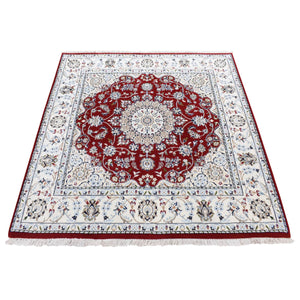 5'1"x5'1" Cherry Red, Pure Wool, 250 KPSI Nain with Center Medallion Flower Design, Hand Knotted, Oriental Square Rug FWR484602