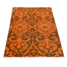 Load image into Gallery viewer, 4&#39;1&quot;x6&#39;1&quot; Metallic Orange, Hand Knotted, Overdyed Orange Cast Ikat, Pure Wool, Oriental Rug FWR485178