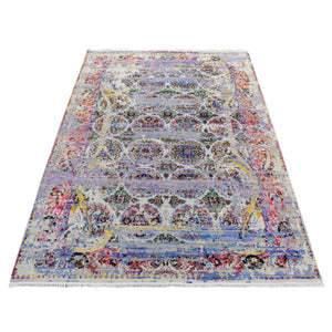6'x9'1" Ash Gray, Colorful ERASED ROSSETS, Sari Silk with Textured Wool, Hand Knotted, Oriental Rug FWR485790