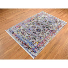 Load image into Gallery viewer, 6&#39;x9&#39;1&quot; Ash Gray, Colorful ERASED ROSSETS, Sari Silk with Textured Wool, Hand Knotted, Oriental Rug FWR485790