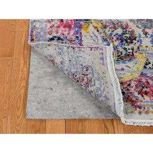 6'x9'1" Ash Gray, Colorful ERASED ROSSETS, Sari Silk with Textured Wool, Hand Knotted, Oriental Rug FWR485790
