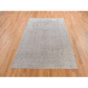 5'9"x9' Taupe, Fine Jacquard Hand Loomed, Modern Tone on Tone, Wool and Art Silk, Oriental Rug FWR485862