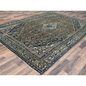 6'6"x9'6" Brown, Vintage Persian Hamadan Cropped Thin, Distressed Look Worn Wool Hand Knotted, Oriental Rug FWR487164