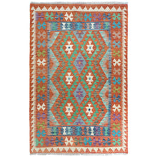 Load image into Gallery viewer, 4&#39;x6&#39; Colorful, Flat Weave, Afghan Kilim with Geometric Design, Vibrant Wool, Hand Woven, Vegetable Dyes, Reversible Oriental Rug FWR487830