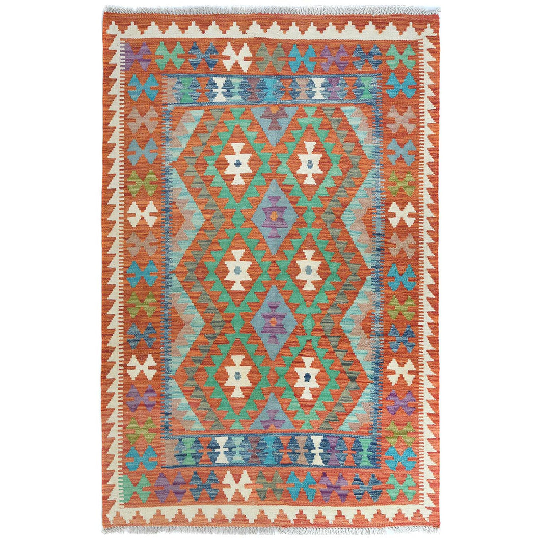 4'x6' Colorful, Flat Weave, Afghan Kilim with Geometric Design, Vibrant Wool, Hand Woven, Vegetable Dyes, Reversible Oriental Rug FWR487830