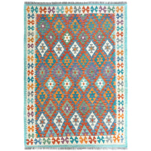 Load image into Gallery viewer, 4&#39;5&quot;x5&#39;10&quot; Colorful, Afghan Kilim with Geometric Design, Hand Woven, Vegetable Dyes, Flat Weave, Reversible, Pure Wool Oriental Rug FWR487896