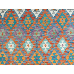 4'5"x5'10" Colorful, Afghan Kilim with Geometric Design, Hand Woven, Vegetable Dyes, Flat Weave, Reversible, Pure Wool Oriental Rug FWR487896