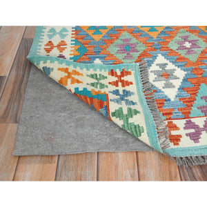 4'5"x5'10" Colorful, Afghan Kilim with Geometric Design, Hand Woven, Vegetable Dyes, Flat Weave, Reversible, Pure Wool Oriental Rug FWR487896