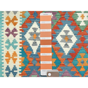 4'5"x5'10" Colorful, Afghan Kilim with Geometric Design, Hand Woven, Vegetable Dyes, Flat Weave, Reversible, Pure Wool Oriental Rug FWR487896