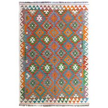 Load image into Gallery viewer, 4&#39;x6&#39; Colorful, Afghan Kilim with Geometric Design, Hand Woven, Veggie Dyes, Flat Weave, Reversible, Organic Wool Oriental Rug FWR488340