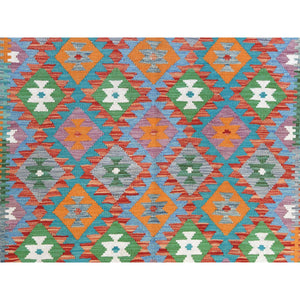 4'x6' Colorful, Afghan Kilim with Geometric Design, Hand Woven, Veggie Dyes, Flat Weave, Reversible, Organic Wool Oriental Rug FWR488340