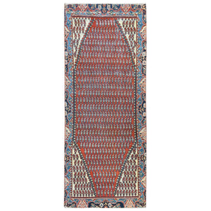 3'7"x9'3" Tomato Red, Pure Wool, Vintage Persian Serab with Small Repetitive Boteh Design, Hand Knotted, Worn Down, Distressed Look, Wide Runner Oriental Rug FWR489966