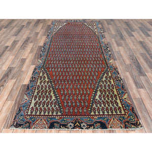 3'7"x9'3" Tomato Red, Pure Wool, Vintage Persian Serab with Small Repetitive Boteh Design, Hand Knotted, Worn Down, Distressed Look, Wide Runner Oriental Rug FWR489966