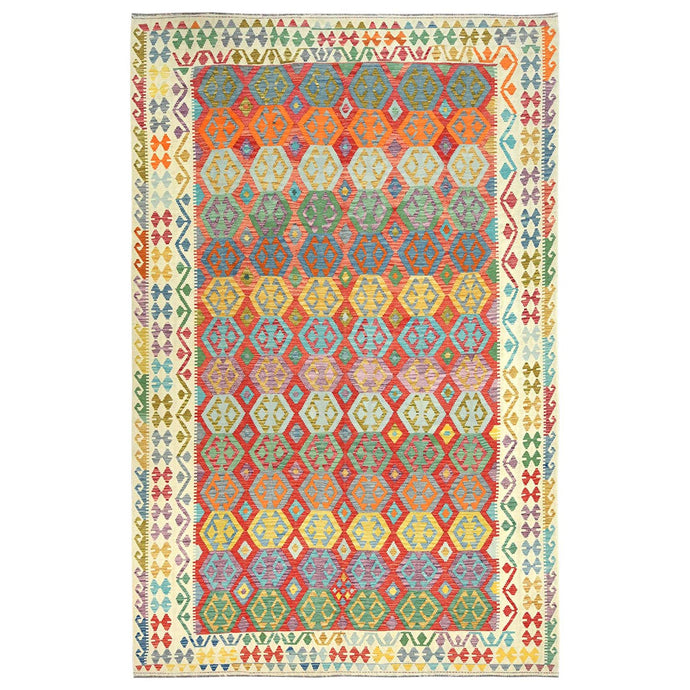 10'x16' Colorful, Hand Woven Afghan Kilim with Geometric Design, Flat Weave Veggie Dyes Vibrant Wool, Reversible Oversized Oriental Rug FWR490692