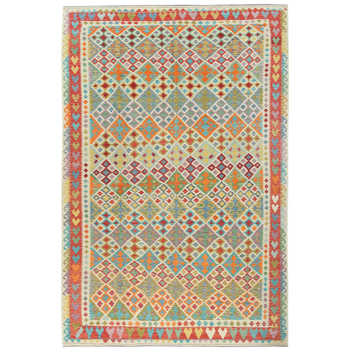 10'x16' Colorful, Organic Wool Hand Woven, Afghan Kilim with Geometric Design Flat Weave Veggie Dyes, Reversible Oversized Oriental Rug FWR490728