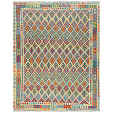 Load image into Gallery viewer, 10&#39;2&quot;x12&#39;9&quot; Colorful, Veggie Dyes Shiny Wool Hand Woven, Afghan Kilim with Geometric Design Flat Weave, Reversible Oriental Rug FWR490746