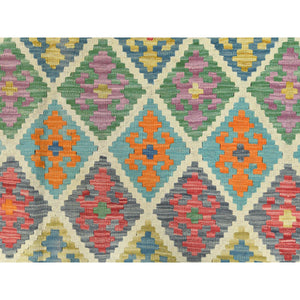 10'2"x12'9" Colorful, Veggie Dyes Shiny Wool Hand Woven, Afghan Kilim with Geometric Design Flat Weave, Reversible Oriental Rug FWR490746