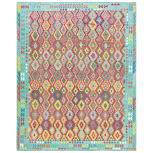 Load image into Gallery viewer, 13&#39;1&quot;x16&#39;2&quot; Colorful, Shiny Wool Hand Woven, Afghan Kilim with Geometric Design Flat Weave Veggie Dyes, Reversible Oversized Oriental Rug FWR490818