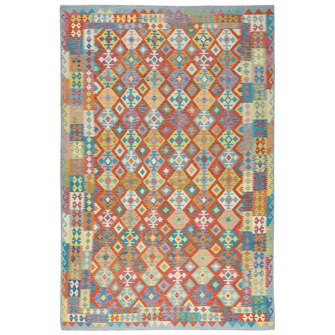 10'x16' Colorful, Veggie Dyes Pure Wool Hand Woven, Afghan Kilim with Geometric Design Flat Weave, Reversible Oversized Oriental Rug FWR490902