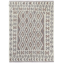 Load image into Gallery viewer, 4&#39;9&quot;x6&#39;5&quot; Ivory, Veggie Dyes Organic Wool Hand Woven, Afghan Kilim with Geometric Elements Flat Weave, Reversible Oriental Rug FWR490968