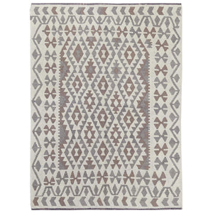 4'9"x6'5" Ivory, Veggie Dyes Organic Wool Hand Woven, Afghan Kilim with Geometric Elements Flat Weave, Reversible Oriental Rug FWR490968