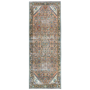 3'4"x9'5" Tan Color, Vintage Persian Hamadan with All Over Fish Mahi Design, Professionally Cleaned, Pure Wool Hand Knotted, Cropped Thin Wide Runner Oriental Rug FWR491274