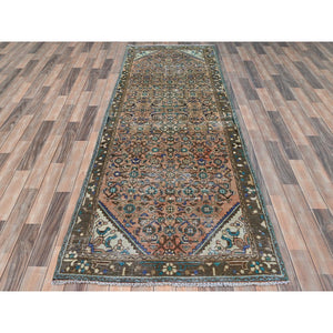 3'4"x9'5" Tan Color, Vintage Persian Hamadan with All Over Fish Mahi Design, Professionally Cleaned, Pure Wool Hand Knotted, Cropped Thin Wide Runner Oriental Rug FWR491274