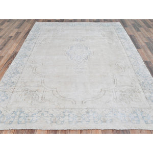 6'3"x9'6" Ivory, Worn Wool Hand Knotted, Old Persian Kerman Cropped Thin Distressed Look, Oriental Rug FWR491658