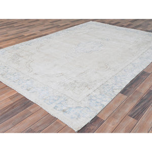 6'3"x9'6" Ivory, Worn Wool Hand Knotted, Old Persian Kerman Cropped Thin Distressed Look, Oriental Rug FWR491658