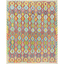 Load image into Gallery viewer, 10&#39;1&quot;x13&#39;1&quot; Colorful, Hand Woven Afghan Kilim with Geometric Design, Vegetable Dyes Flat Weave, Soft Wool Reversible, Oriental Rug FWR493482