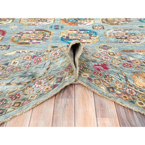 8'8"x11'9" Light Blue, Vegetable Dyes Dense Weave, Extra Soft Wool Hand Knotted, Afghan Super Kazak with Geometric Medallions, Oriental Rug FWR493638