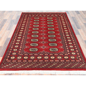 4'x6'3" Deep and Rich Red, Mori Bokara with Geometric Medallions Design, Extra Soft Wool Hand Knotted, Oriental Rug FWR494508