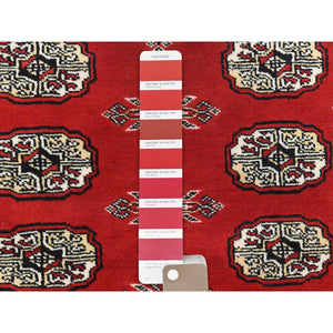 4'x6'3" Deep and Rich Red, Mori Bokara with Geometric Medallions Design, Extra Soft Wool Hand Knotted, Oriental Rug FWR494508