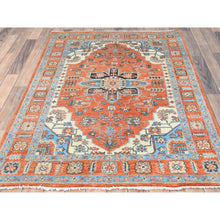 Load image into Gallery viewer, 4&#39;x5&#39;7&quot; Brick Red, Dense Weave Natural Wool, Hand Knotted Afghan Peshawar with Serapi Heriz Design, Vegetable Dyes, Oriental Rug FWR495030