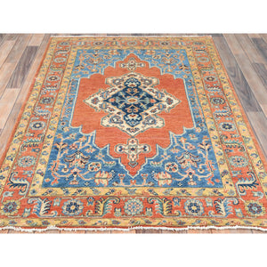 4'1"x5'9" Coral Red, Afghan Peshawar with Serapi Heriz Design, Natural Dyes Densely Woven, Pure Wool Hand Knotted, Oriental Rug FWR495036