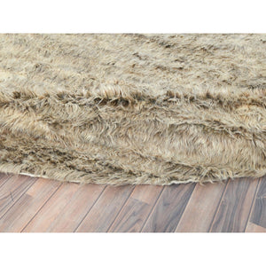 13'6"x13'6" Beige, Shaggy Moroccan Exotic Texture, Undyed Natural Wool Hand Knotted, Round Oriental Rug FWR495378