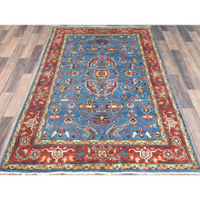 Load image into Gallery viewer, 3&#39;10&quot;x5&#39;10&quot; Denim Blue, Soft Wool Hand Knotted, Afghan Peshawar with All Over Serapi Heriz Design, Vegetable Dyes Dense Weave, Oriental Rug FWR495822