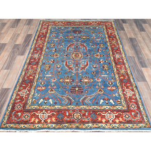 3'10"x5'10" Denim Blue, Soft Wool Hand Knotted, Afghan Peshawar with All Over Serapi Heriz Design, Vegetable Dyes Dense Weave, Oriental Rug FWR495822