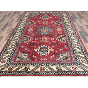 6'x9'1" Rouge Pink, Natural Dyes Densely Woven, Organic Wool Hand Knotted, Afghan Super Kazak with Large Medallion, Oriental Rug FWR495864