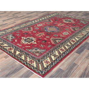 6'x9'1" Rouge Pink, Natural Dyes Densely Woven, Organic Wool Hand Knotted, Afghan Super Kazak with Large Medallion, Oriental Rug FWR495864