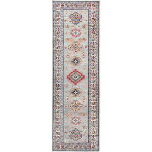 2'7"x8'2" Ash Gray, Afghan Super Kazak with Geometric Medallions, Natural Dyes Densely Woven, Natural Wool Hand Knotted, Runner Oriental Rug FWR496404